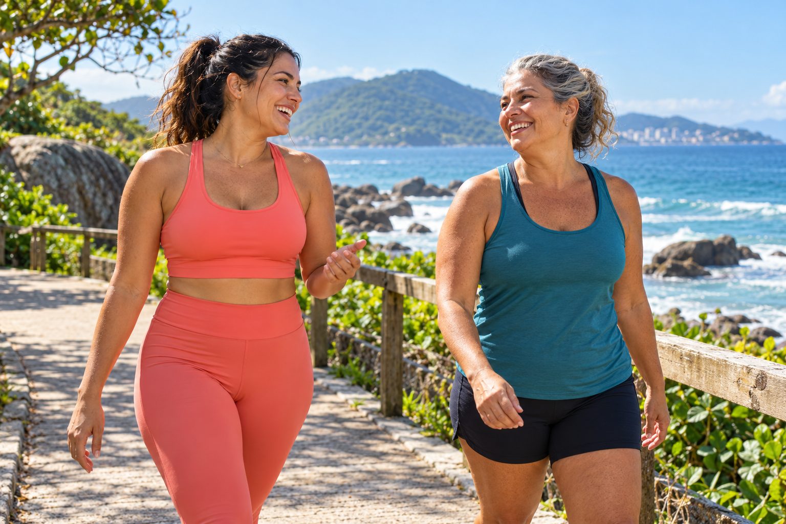 Duas amigas sorrindo durante uma caminhada à beira-mar