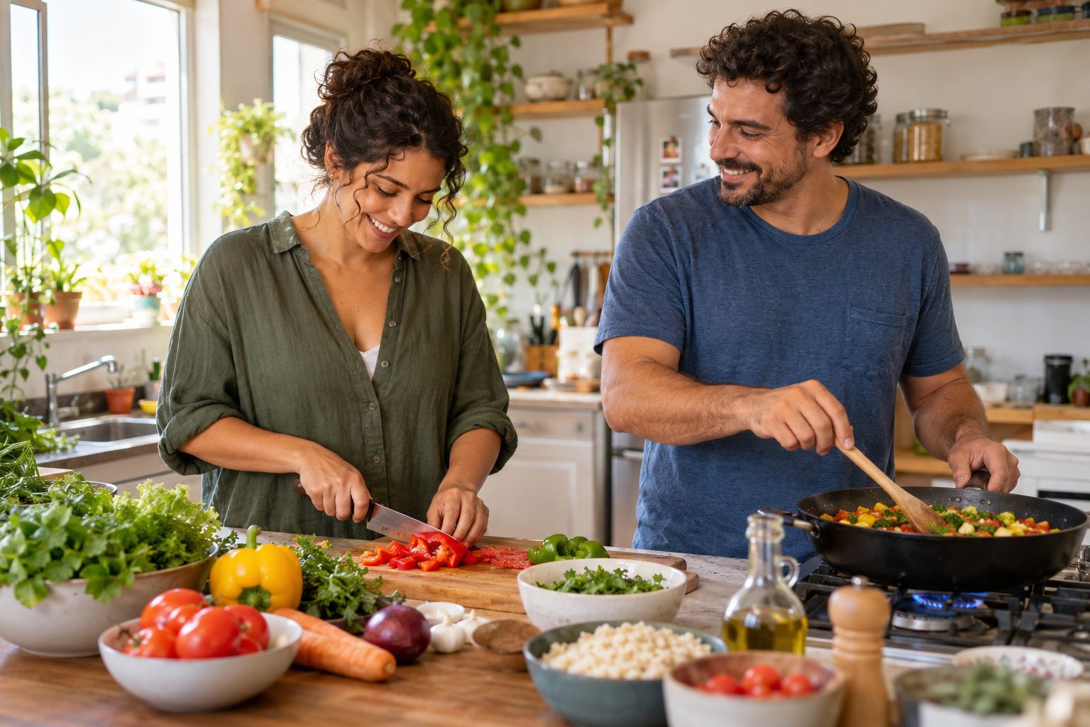 Casal sorrindo enquanto prepara uma refeição colorida em casa