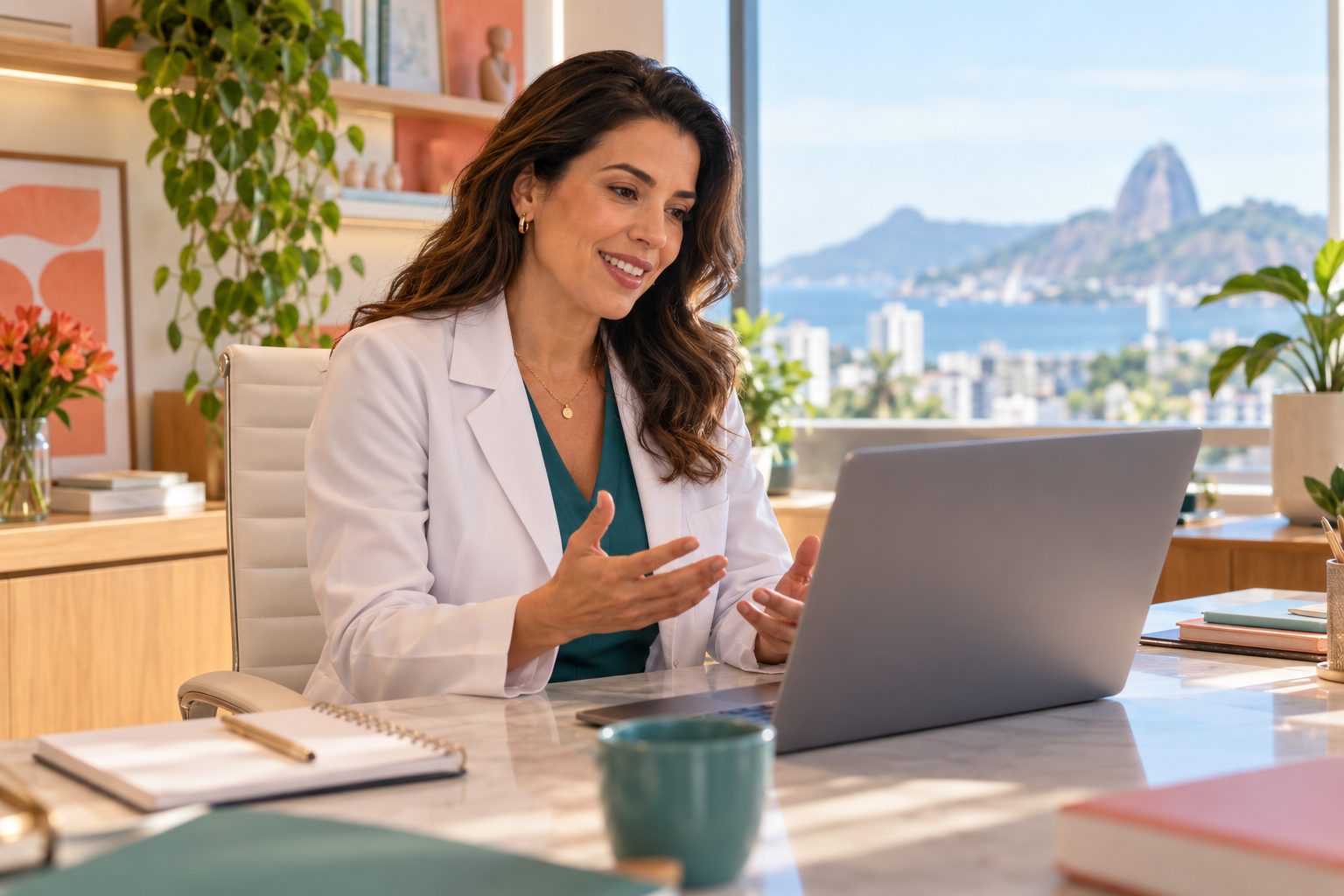 Médica sorridente atendendo uma paciente por videochamada no notebook